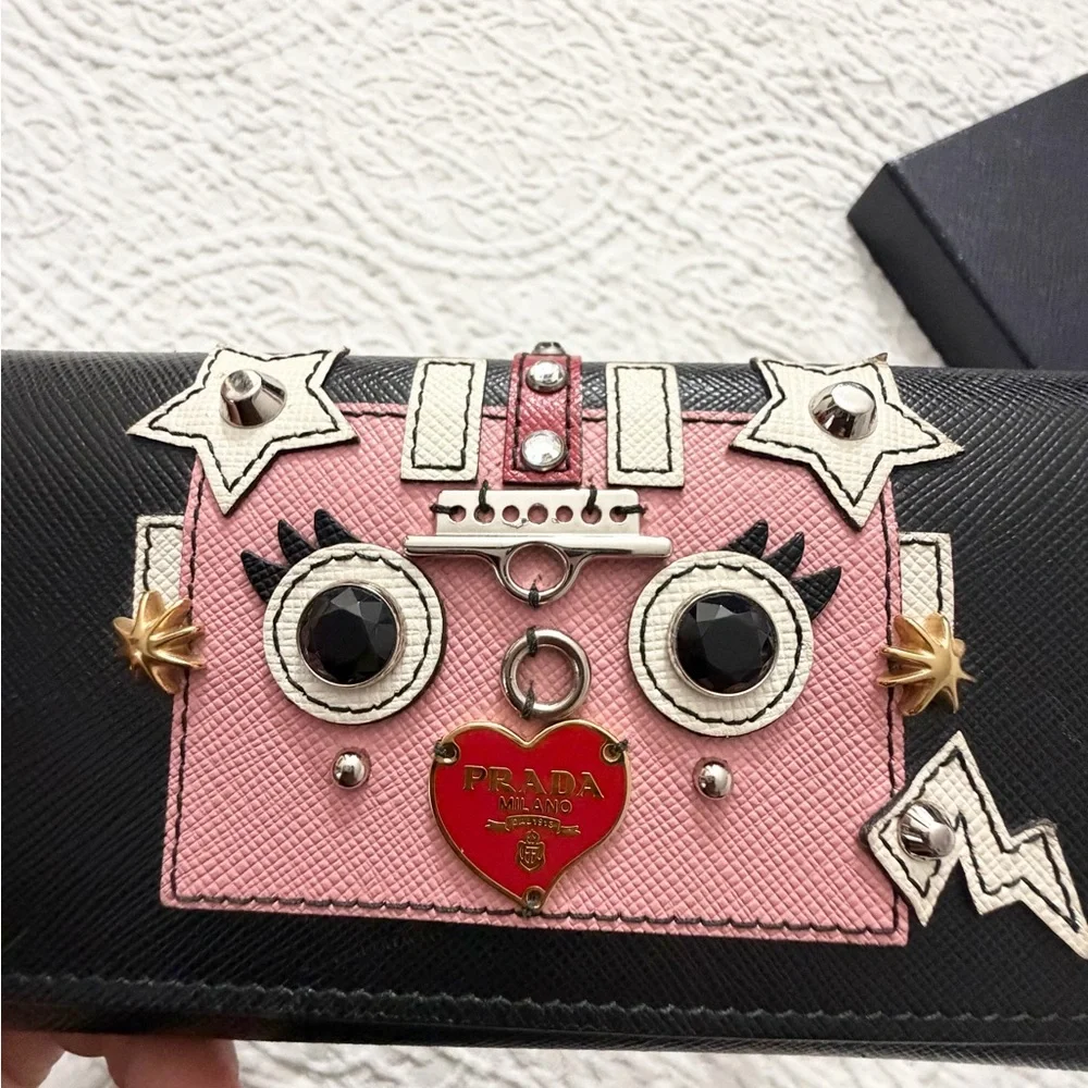 Prada Robot Black and Pink Embellished Saffiano Leather Wallet AUTHENTIC (Rare) - Picture 10 of 11